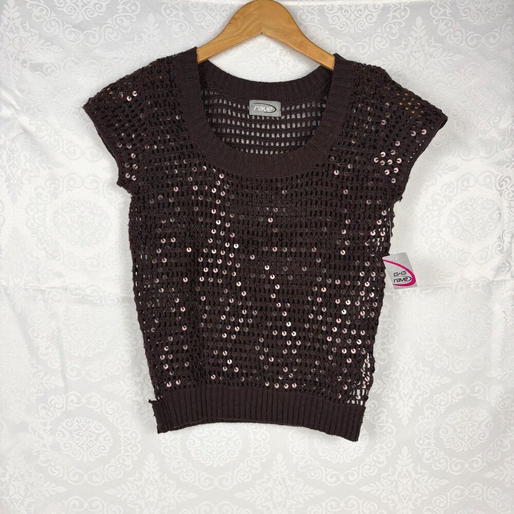 Deadstock Y2K Rave Top Brown Sequin Crochet Festival McBling Rave Mall Bratz Med